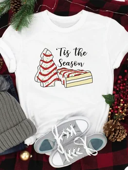 Vintage Bombaž Božično Drevo Torta v Obliki Tiskanja Ženska T-shirt Vroče Prodaje Voguish Počitnice Povzroči Retro Ženske Božični Dan Majica