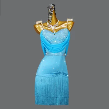 Latinski Ples Konkurence Kostum Modra Strokovne Ženske obleke Bonitete Seksi Kratko Krilo za Dekleta Velikosti po Meri Brezplačna Dostava Otroci